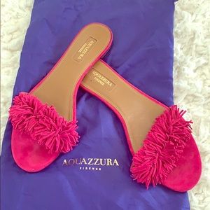 Aquazzura Pink Fringe Slide Sandals